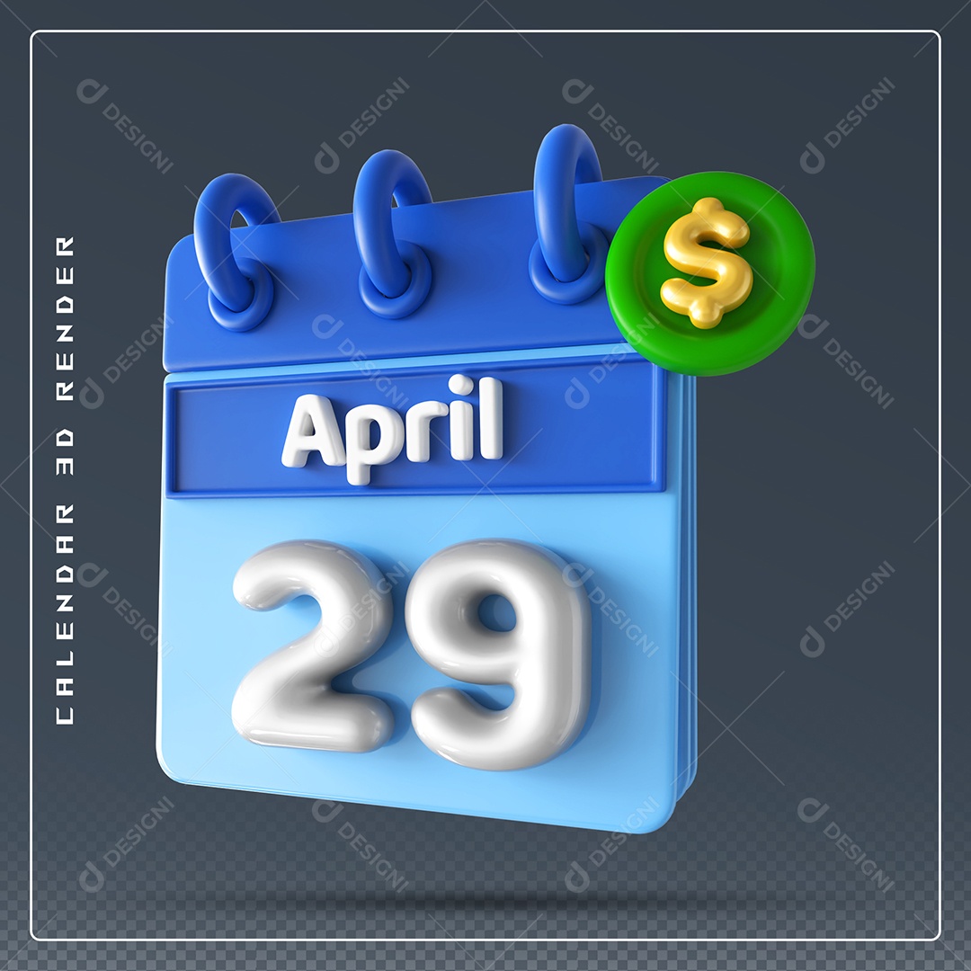 Elemento 3D Calendário Mês de Abril dia 29 Azul e Branco Para Composição PSD