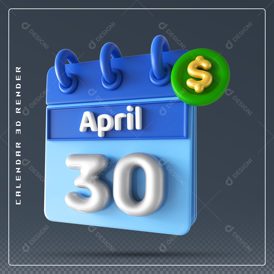 Elemento 3D Calendário Mês de Abril dia 30 Azul e Branco Para Composição PSD