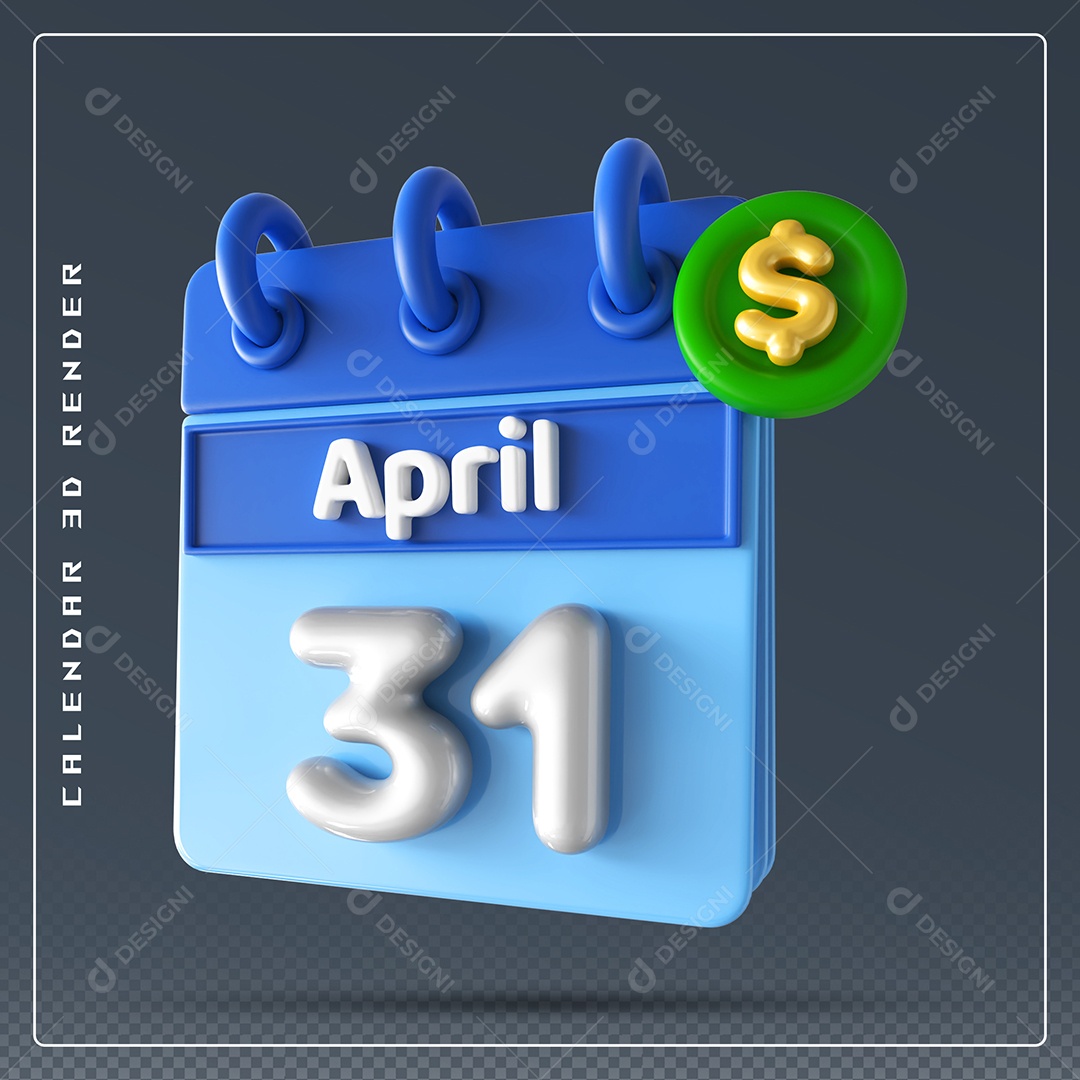 Elemento 3D Calendário Mês de Abril dia 31 Azul e Branco Para Composição PSD