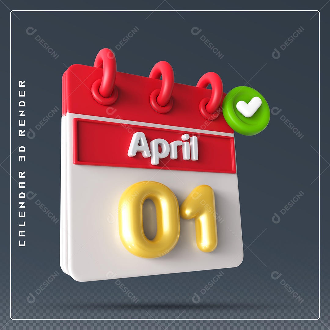Elemento 3D Calendário Mês de Abril dia 01 Vermelho e Branco Para Composição PSD