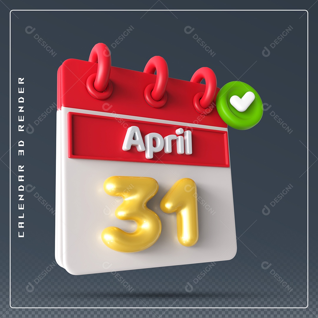 Elemento 3D Calendário Mês de Abril dia 31 Vermelho e Branco Para Composição PSD