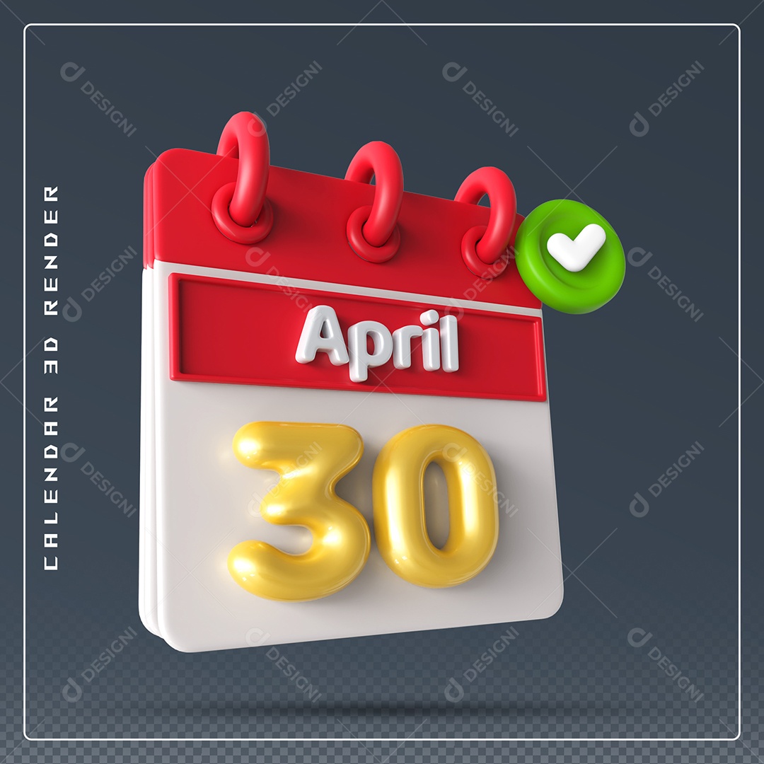 Elemento 3D Calendário Mês de Abril dia 30 Vermelho e Branco Para Composição PSD