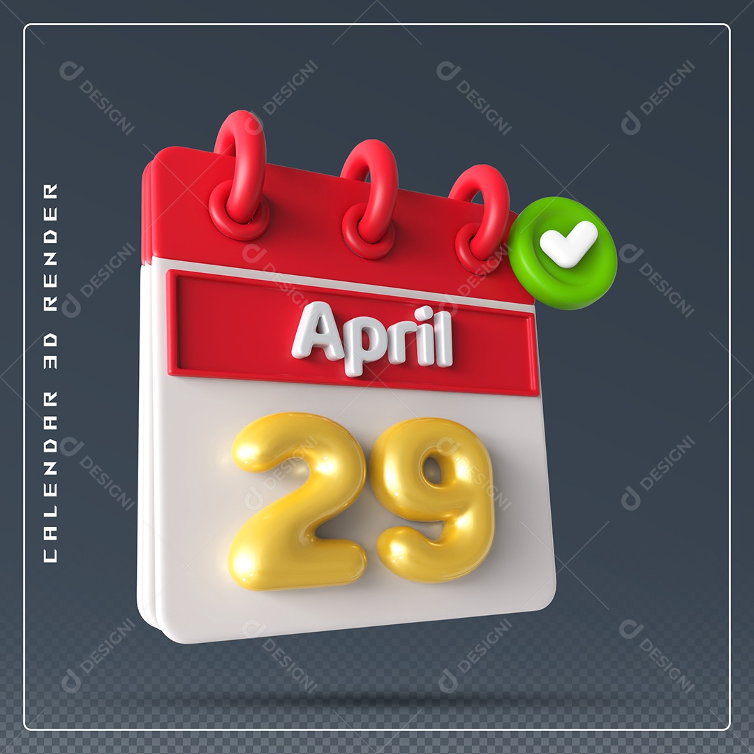 Elemento 3D Calendário Mês de Abril dia 29 Vermelho e Branco Para Composição PSD