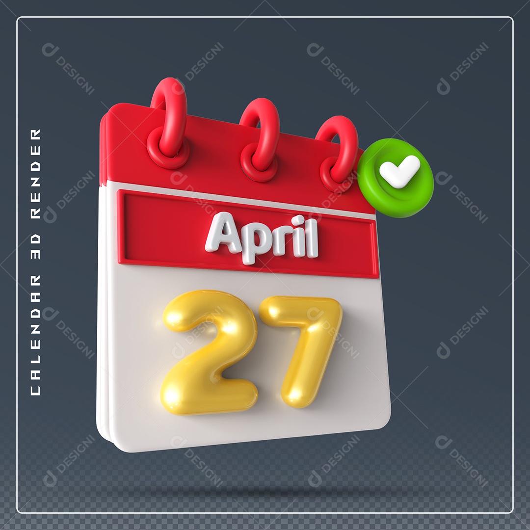 Elemento 3D Calendário Mês de Abril dia 27 Vermelho e Branco Para Composição PSD