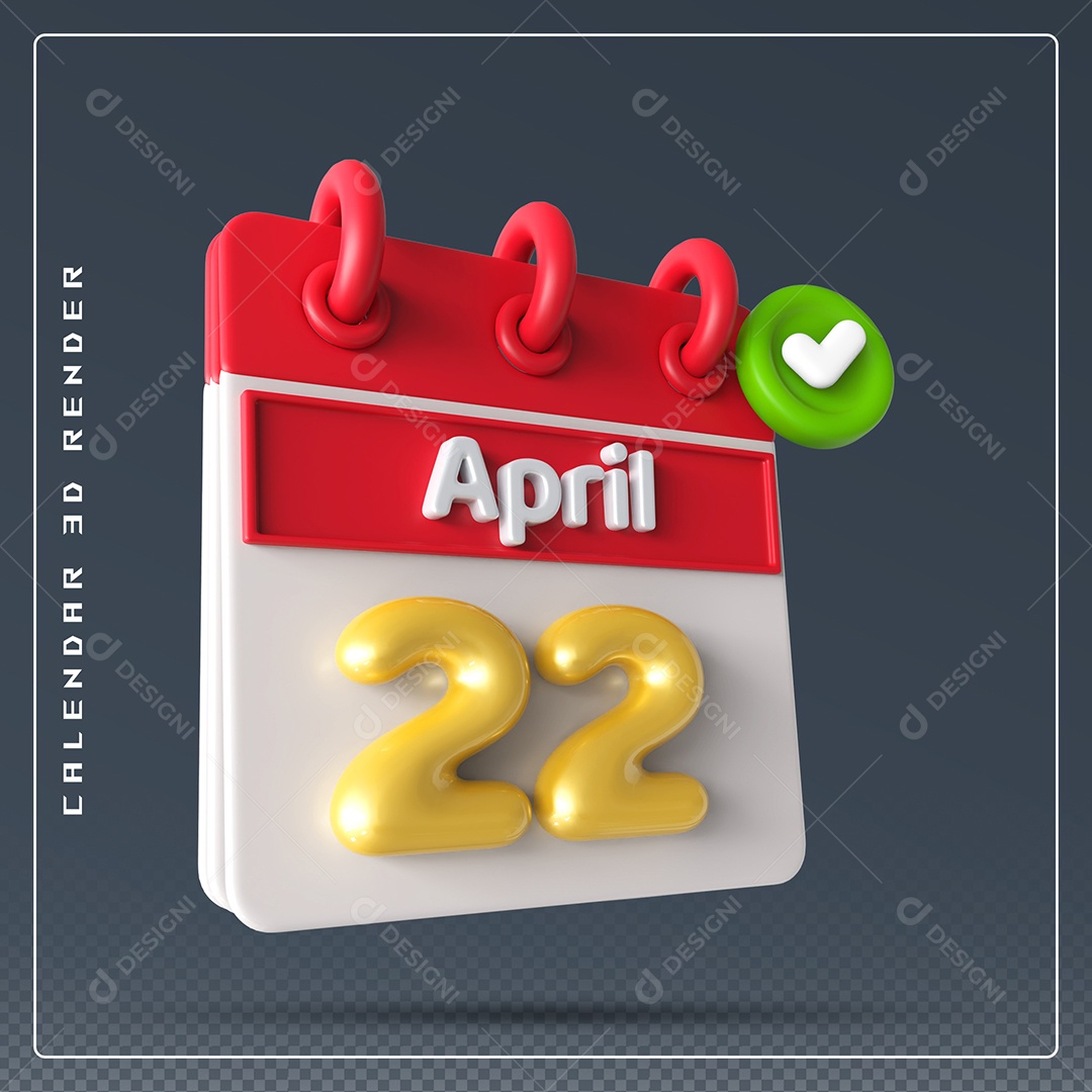 Elemento 3D Calendário Mês de Abril dia 22  Vermelho e Branco Para Composição PSD
