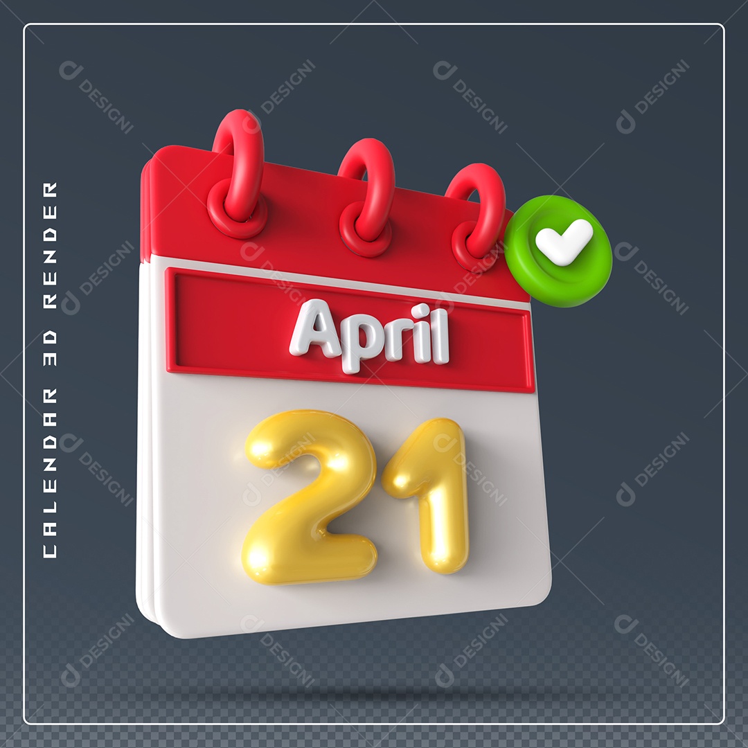 Elemento 3D Calendário Mês de Abril dia 21 Vermelho e Branco Para Composição PSD