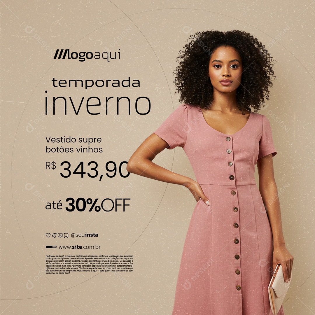 Temporada Inverno Vestido Supre Botões Vinhos Social Media PSD Editável