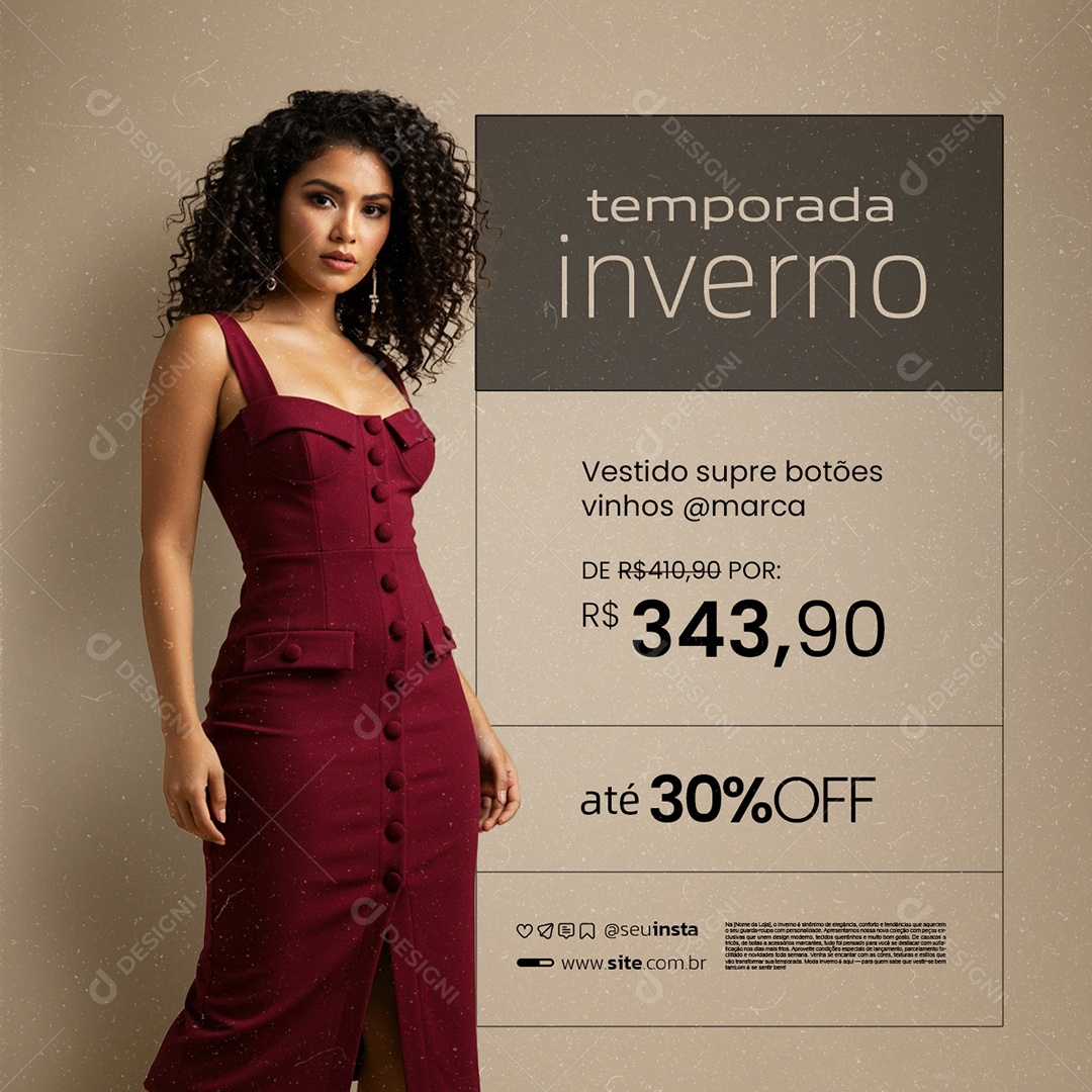 Temporada Inverno Vestido Supre Botões Vinhos 30% Off Social Media PSD Editável