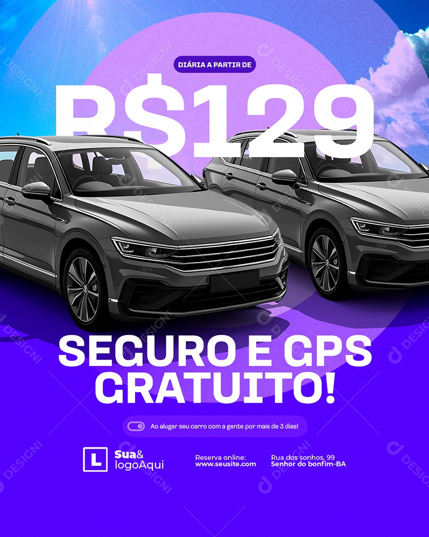 Locação Seguro e GPS Gratuito Social Media PSD Editável