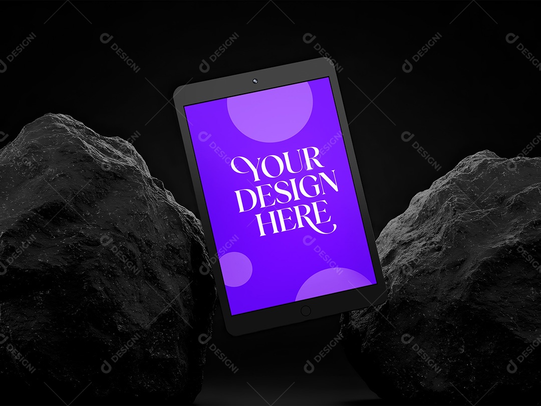Tablet Flutuando entre Pedras Mockup PSD Editável