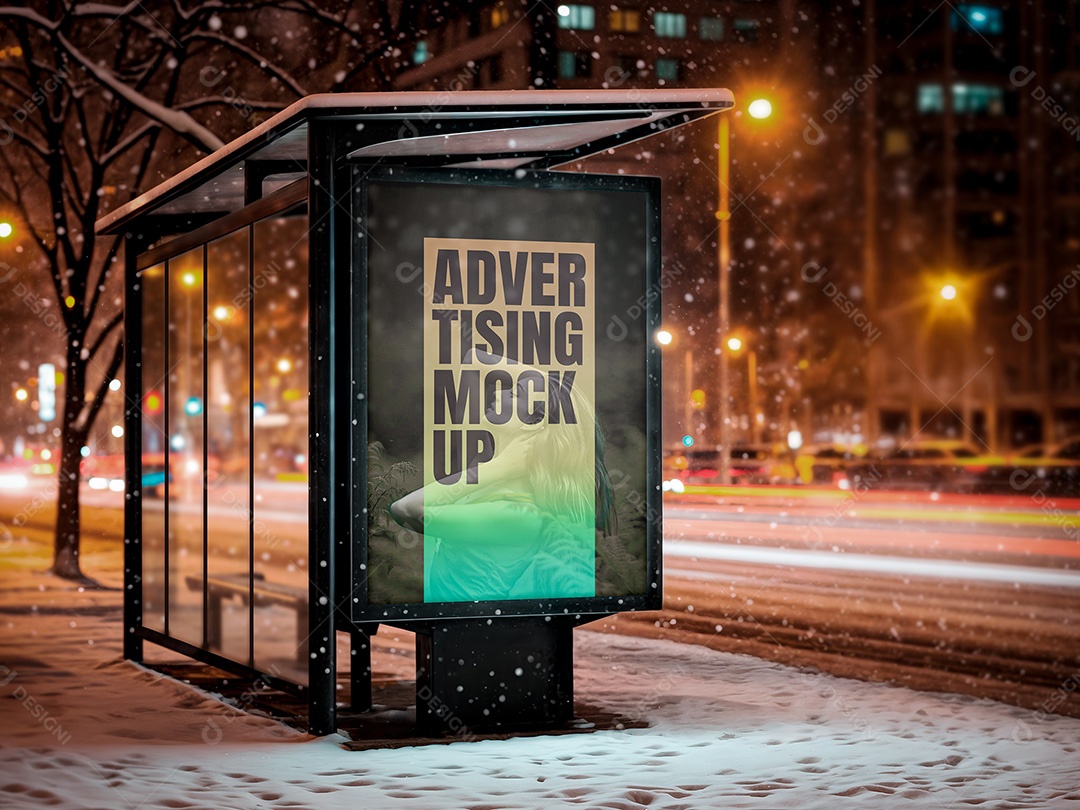 Outdoor em Tempestade de Neve na Rua Mockup PSD Editável