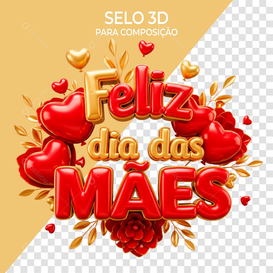 Selo 3D Feliz Dia das Mães para Composição PSD