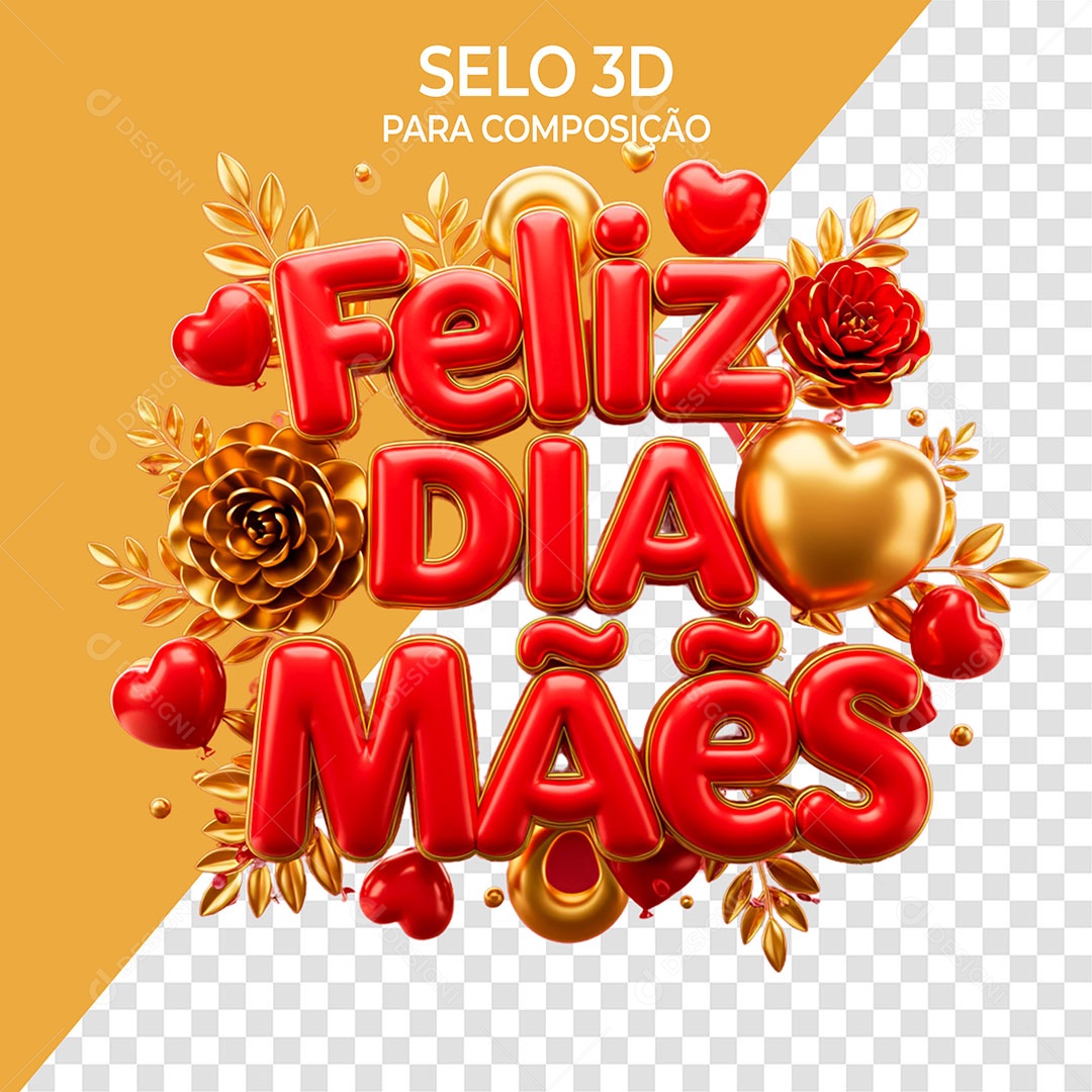 Selo 3D Feliz Dia das Mães para Composição PSD