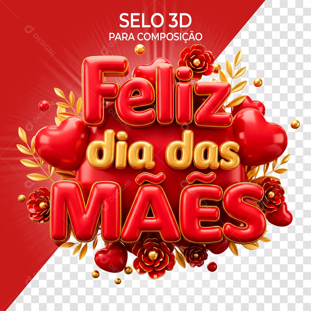 Selo 3D Feliz Dia das Mães para Composição PSD