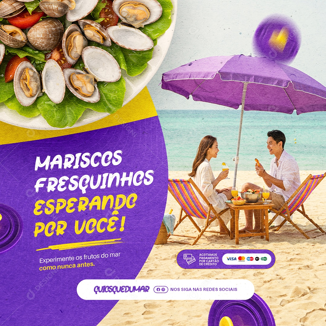 Quiosque Praia Mariscos Fresquinhos Esperando Por Você Social Media PSD Editável
