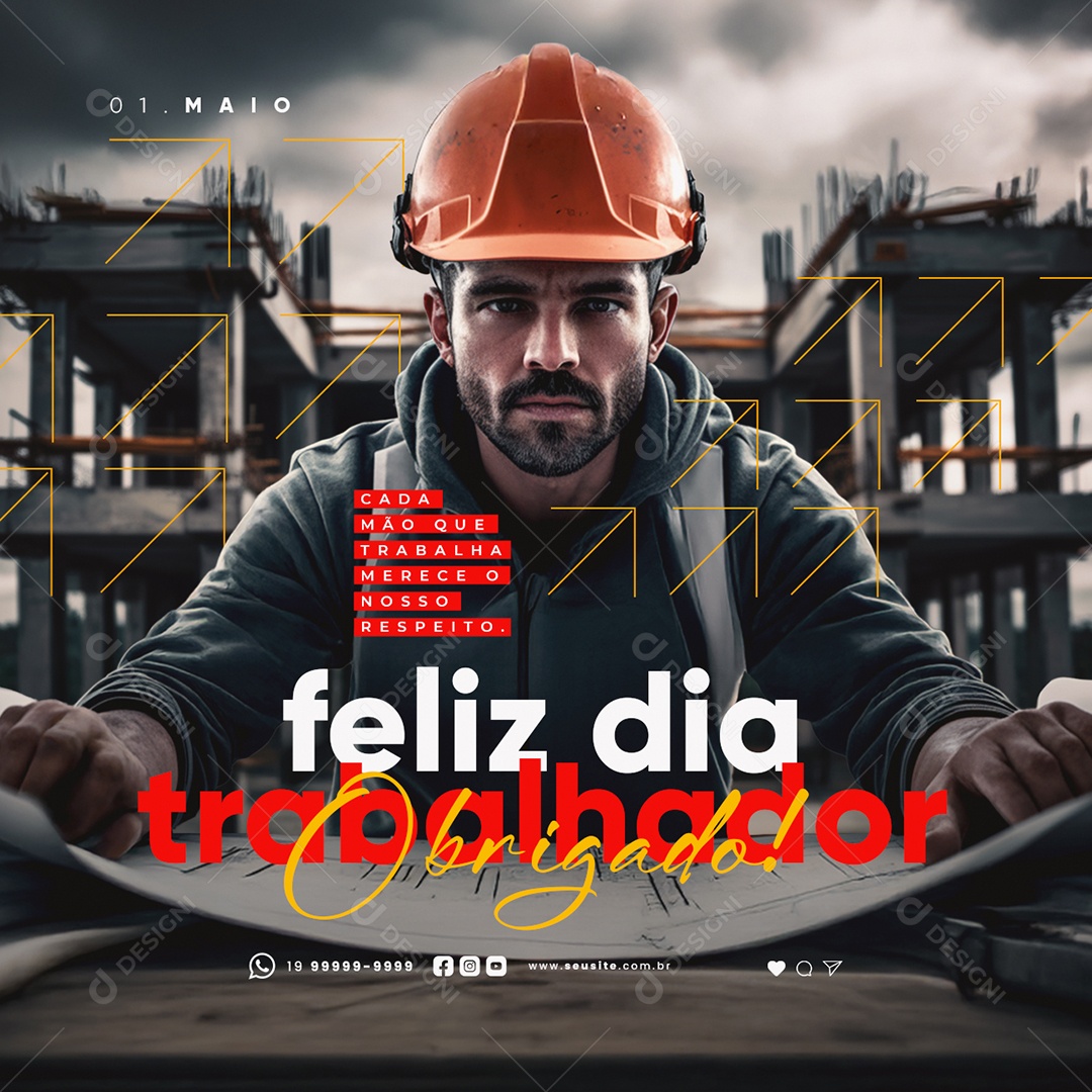 Feliz Dia Do Trabalhador 01 de Maio Obrigado Social Media PSD Editável