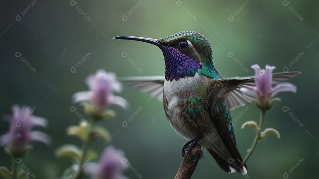 Um lindo beija flor puxando néctar de uma flor