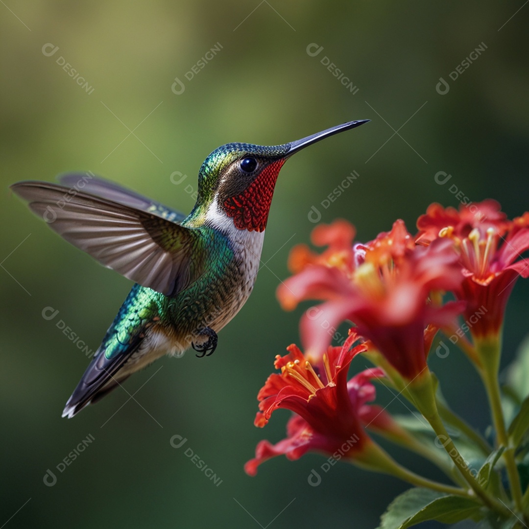 Um lindo beija flor puxando néctar de uma flor