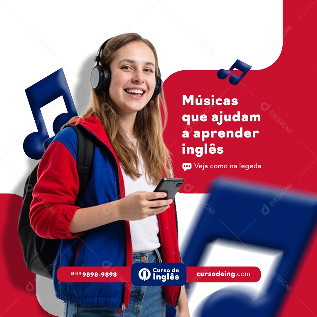 Escola de Idiomas Musicas Que Ajudam a Aprender Inglês Social Media PSD Editável