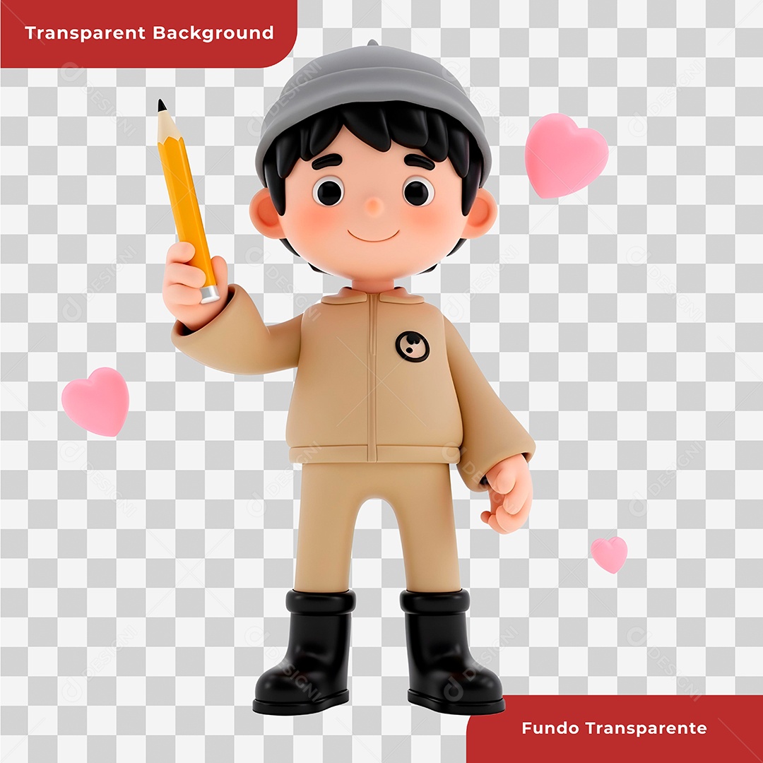 Criança Segurando Lápis Personagem 3D para Composição PSD