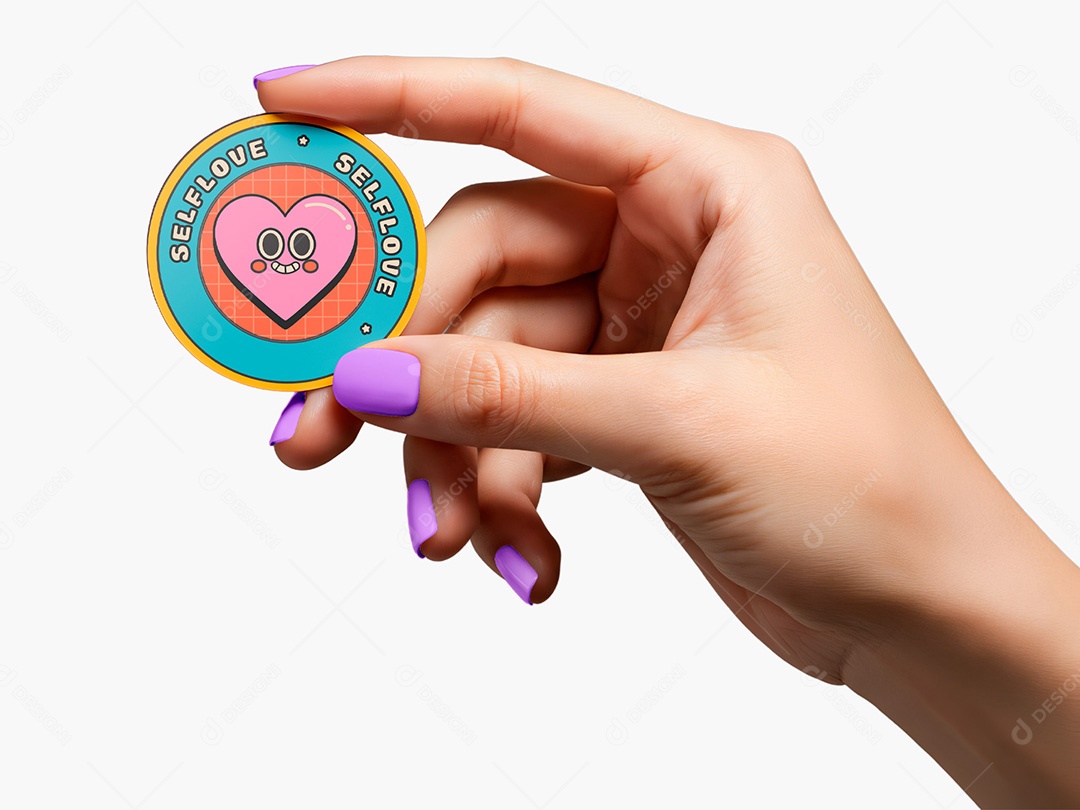 Mão de Mulher Segurando Adesivo Mockup Colar Marca Papelaria PSD Editável