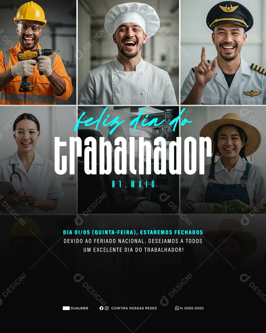 Feliz Dia Do Trabalhador 01 de Maio Obrigado Social Media PSD Editável