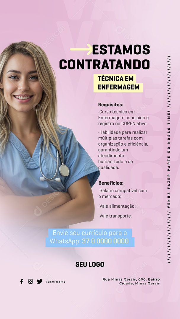 Story Vaga de Emprego Estamos Contratando Técnica em Enfermagem Social Media PSD Editável