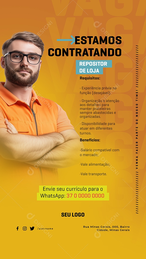 Story Vaga de Emprego Estamos Contratando Repositor de Loja Social Media PSD Editável