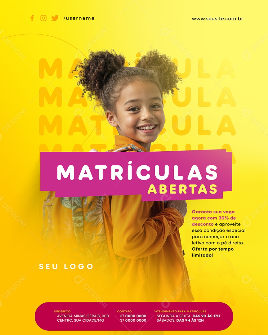 Volta às Aulas Matrículas Abertas Sua Social Media PSD Editável