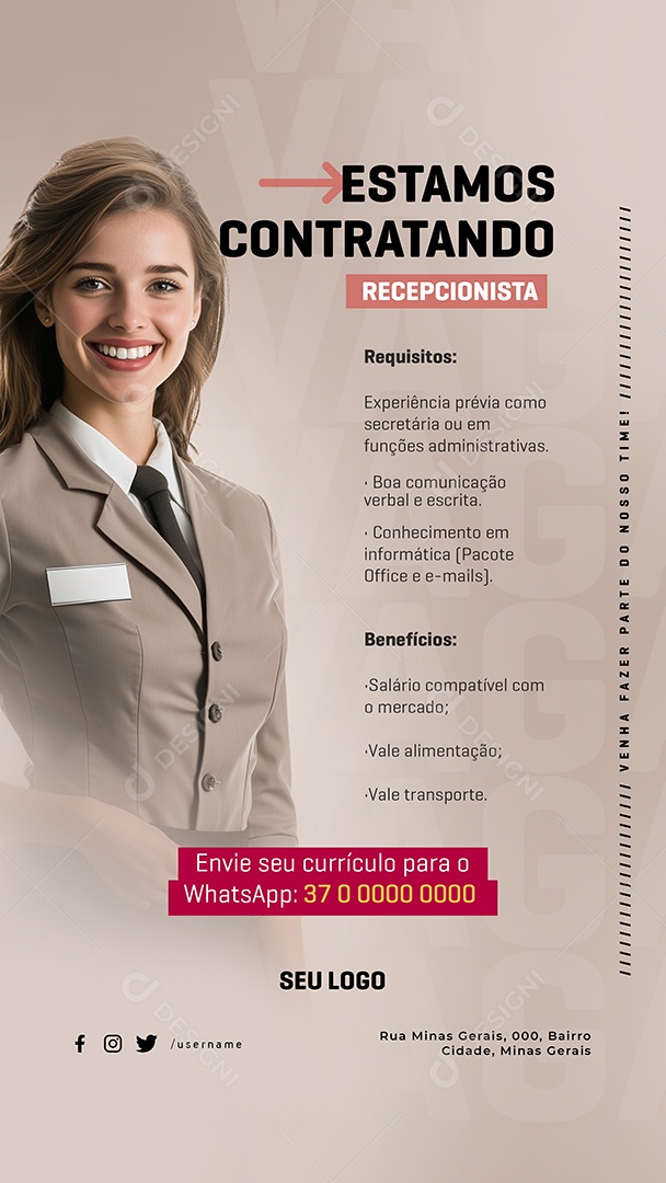 Story Vaga de Emprego Estamos Contratando Recepcionista Social Media PSD Editável