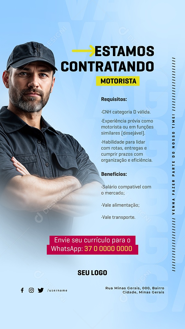 Story Vaga de Emprego Estamos Contratando Motorista Social Media PSD Editável