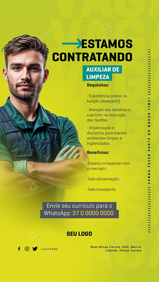 Story Vaga de Emprego Estamos Contratando Auxiliar de Limpeza Social Media PSD Editável