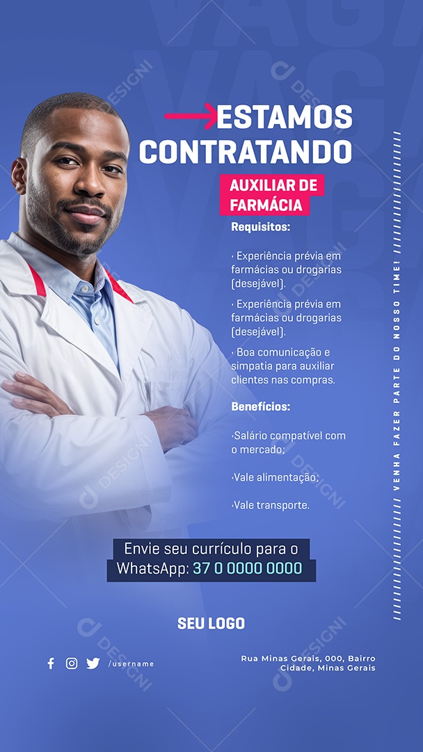 Story Vaga de Emprego Estamos Contratando Auxiliar de Farmácia Social Media PSD Editável