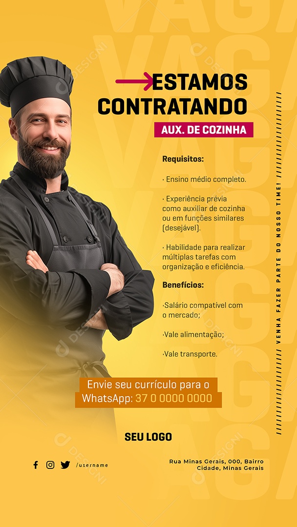 Story Vaga de Emprego Estamos Contratando Auxiliar de Cozinha Social Media PSD Editável