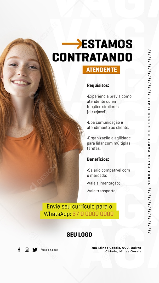 Story Vaga de Emprego Estamos Contratando Atendente Social Media PSD Editável