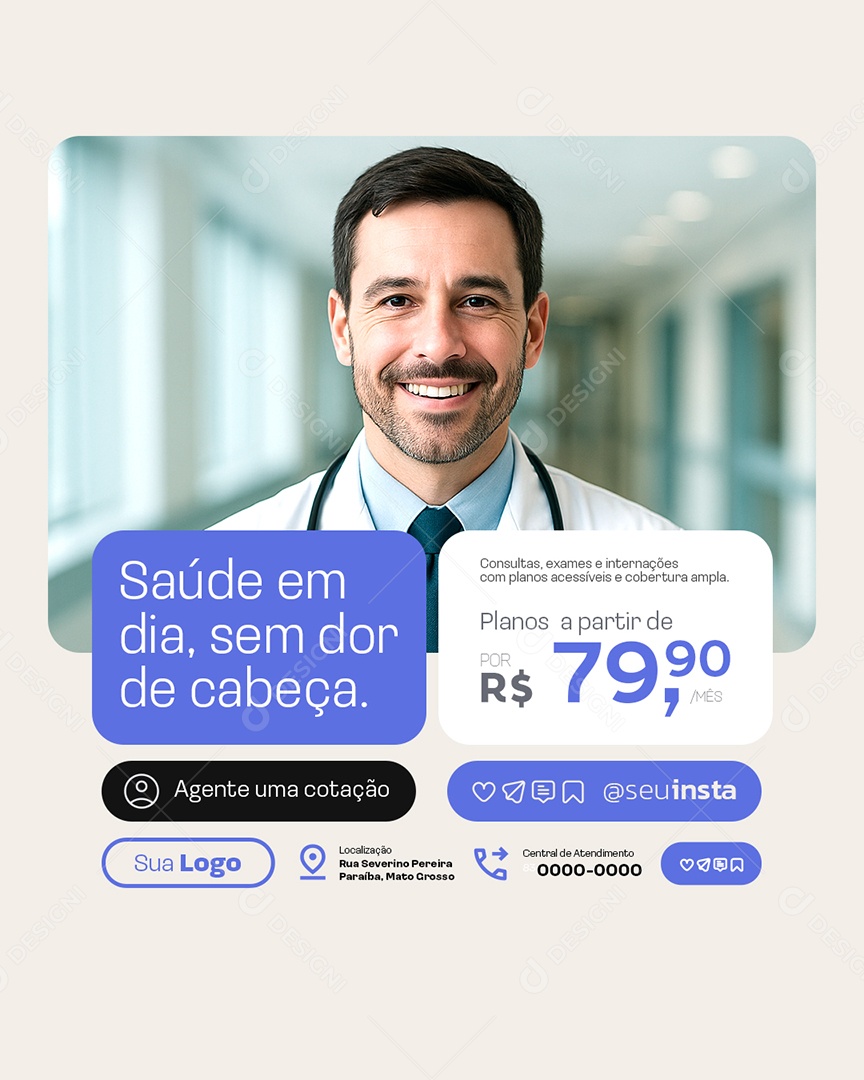 Seguradora Saúde em Dia Sem Dor de Cabeça Social Media PSD Editável