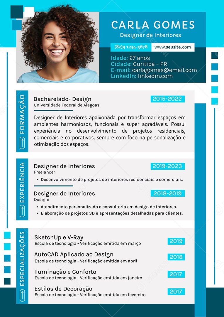 Modelo de Currículo Designer de Interiores PSD Editável