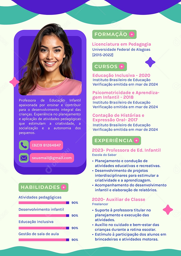 Modelo de Currículo Professora de Educação Infantil PSD Editável