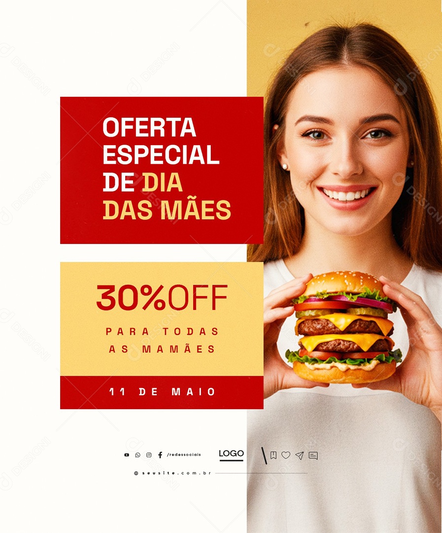 Hamburgueria Oferta Especial de Dia das Mães 30% Off Social Media PSD Editável