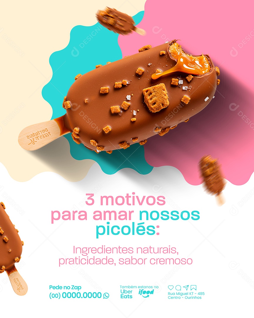 Sorveteria  3 Motivos para Amar Nossos Picolés Social Media PSD Editável