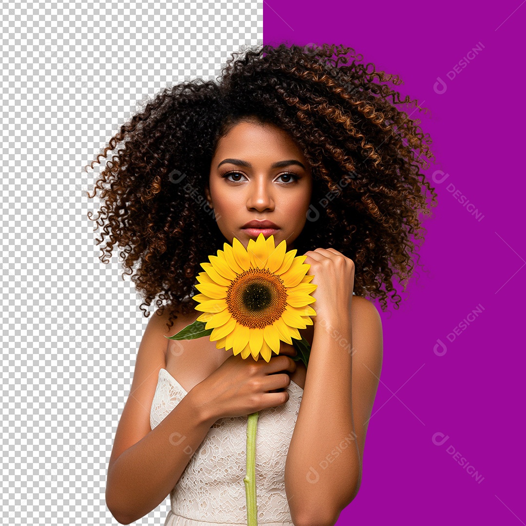Elemento 3D Mulher Negra Segurando Girassol para Composiçaõ PSD