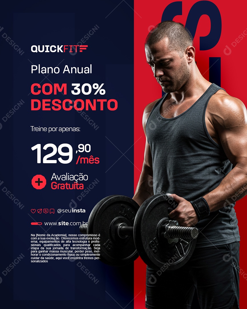 Academia Plano Anual com 30% Desconto Social Media PSD Editável