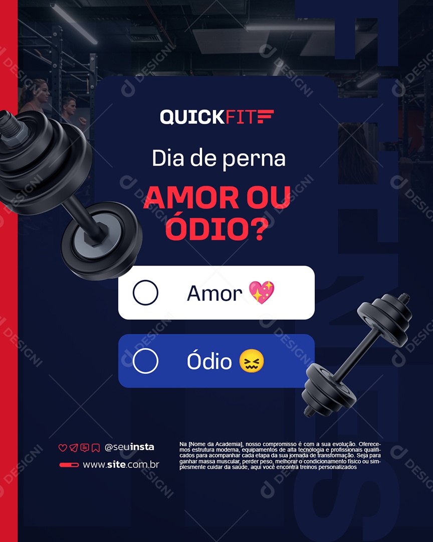 Academia Dia de Perna Amor ou Ódio Social Media PSD Editável