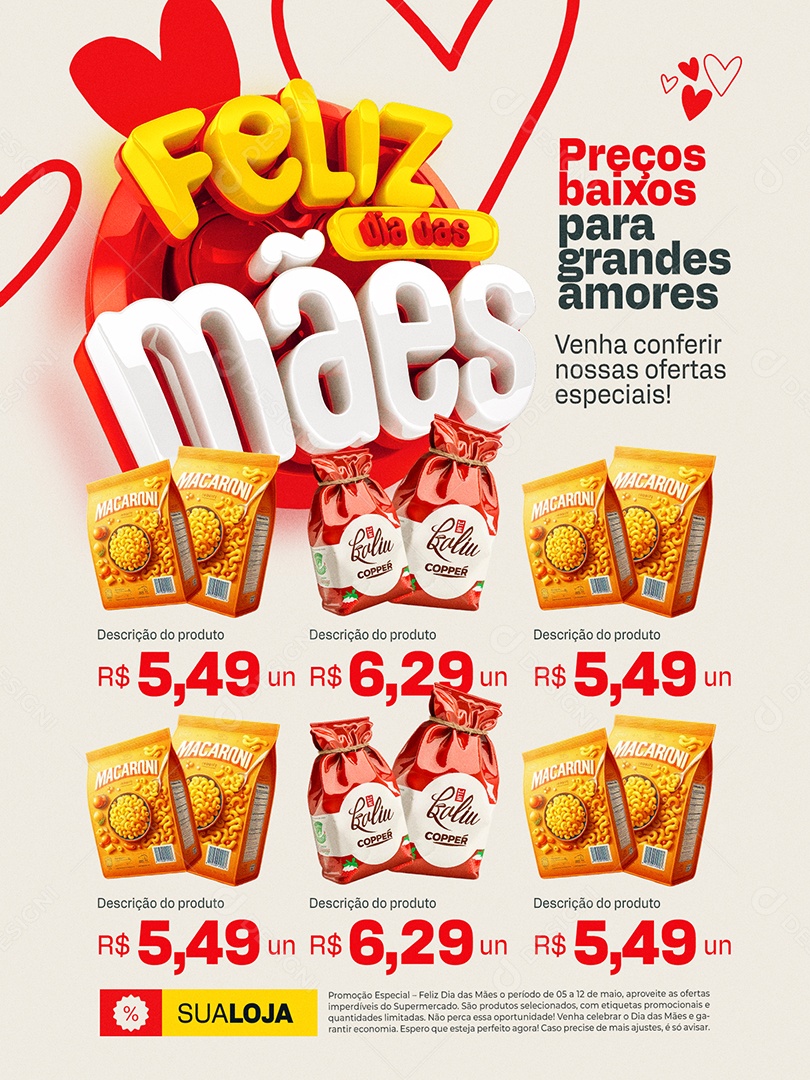Feliz Dia das Mães Supermercado Encarte Preços Baixos Social Media PSD Editável