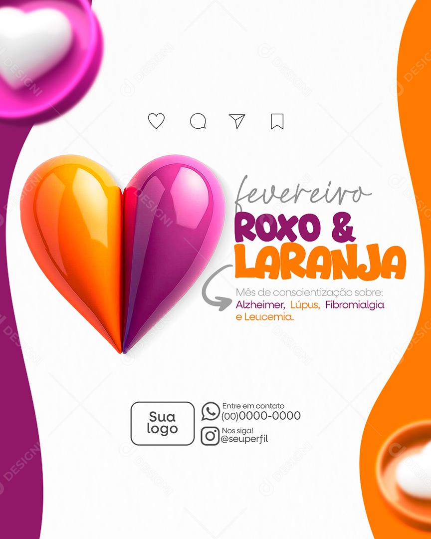 Fevereiro Roxo e Laranja Mês de Conscientização Social Media PSD Editável