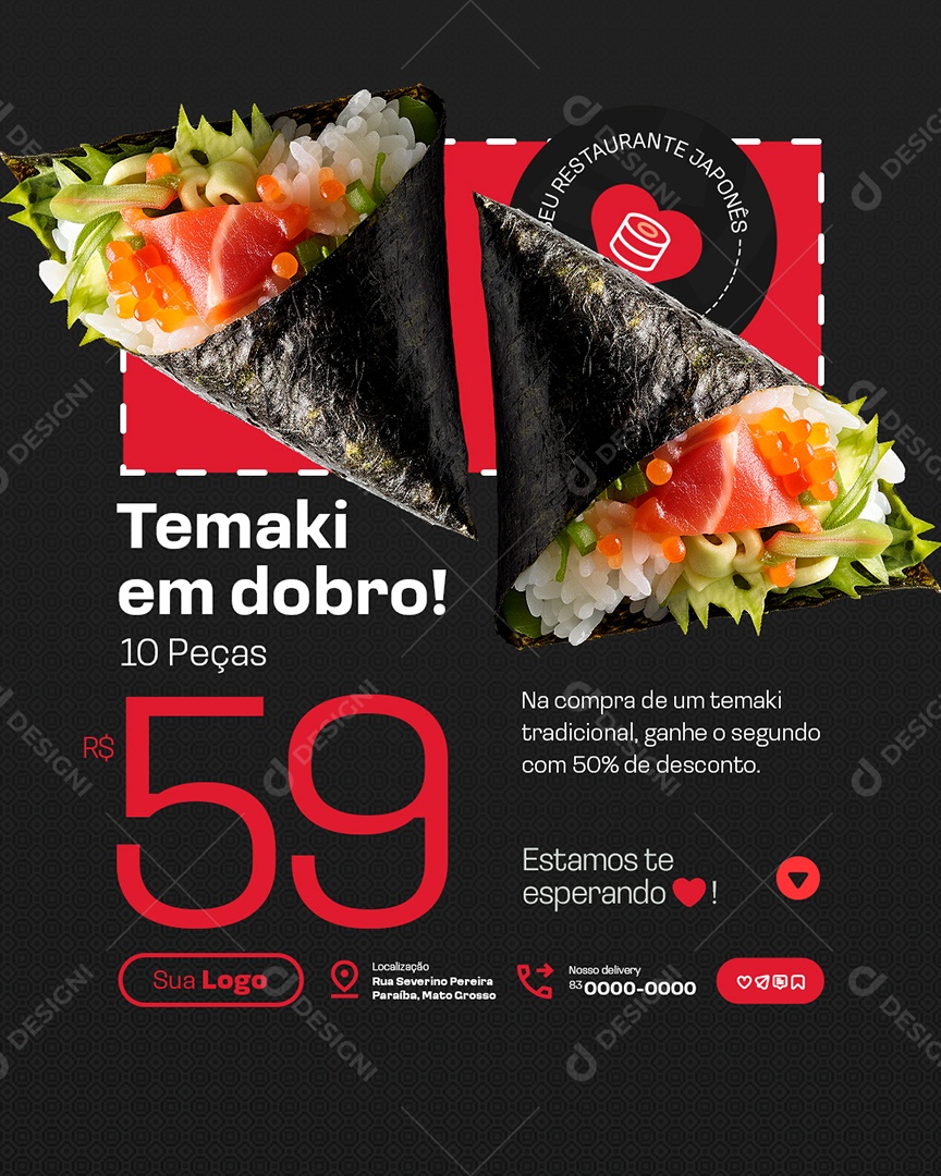 Restaurante Japonês Temaki em Dobro Social Media PSD Editável