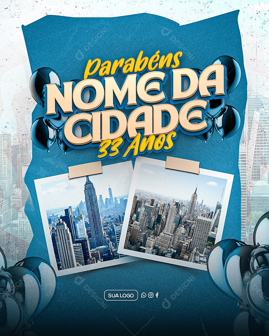 Parabéns Cidade 33 Anos Social Media PSD Editável