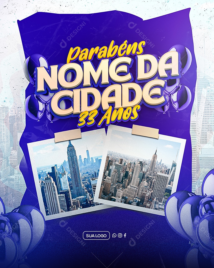 Parabéns Cidade 33 Anos Social Media PSD Editável