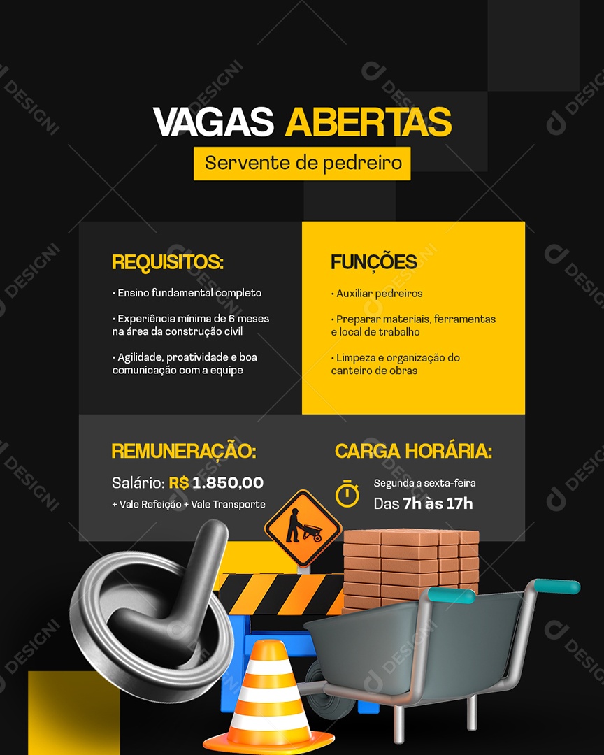 Vagas Abertas Servente de Pedreiro Social Media PSD Editável