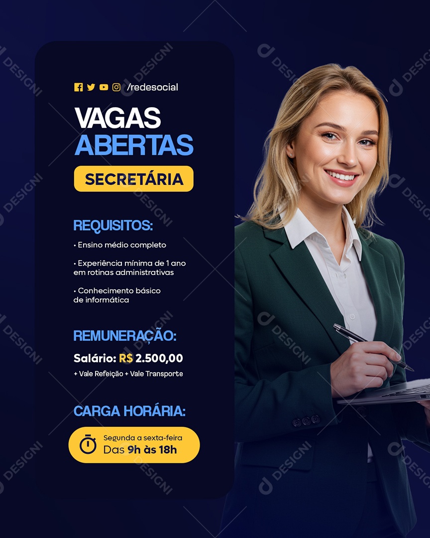 Vagas Abertas Secretária Social Media PSD Editável